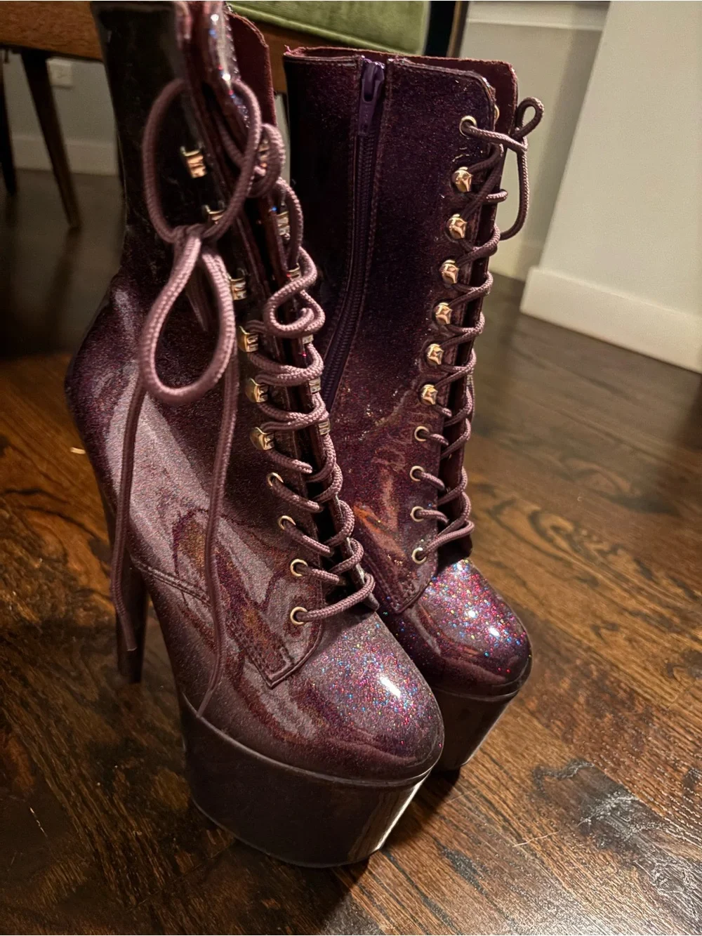 Pleaser Iridescent Purple Glitter Platform Lace-Up Boots
